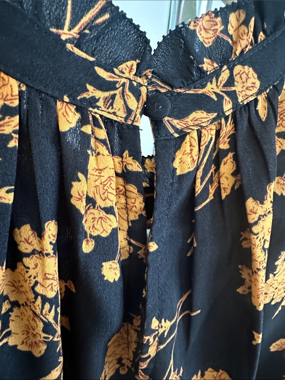 THML Black Blouse with Mustard Floral Print and Ruffled Neck - Picture 5 of 7